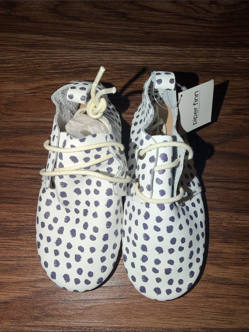 Piper Finn Kids White Moccasins with Navy Dot Pattern
